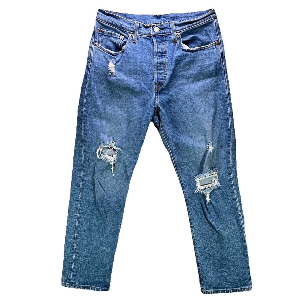 Levi's Original Crop 501 Jeans Womens 28x26 Blue Distressed Stretch Denim
